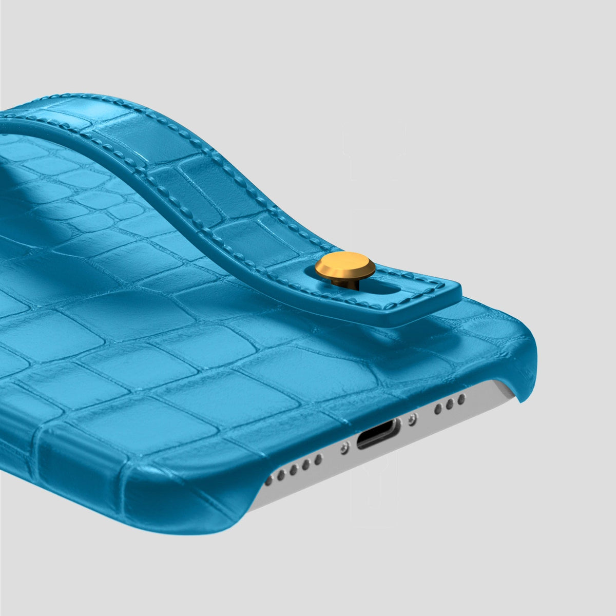 Curaçao-Blue iPhone 14 Pro Hand Strap Case Alligator with Gold Metal -5 | Curaçao-Blue-Gold