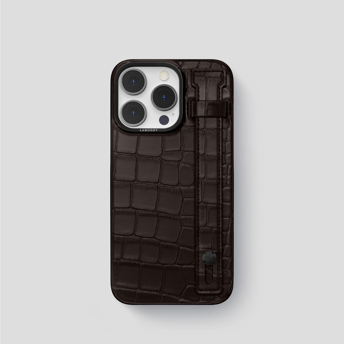 Dark Brown iPhone 14 Pro Hand Strap Case Alligator with Black Metal -1 | Dark-Brown-Black