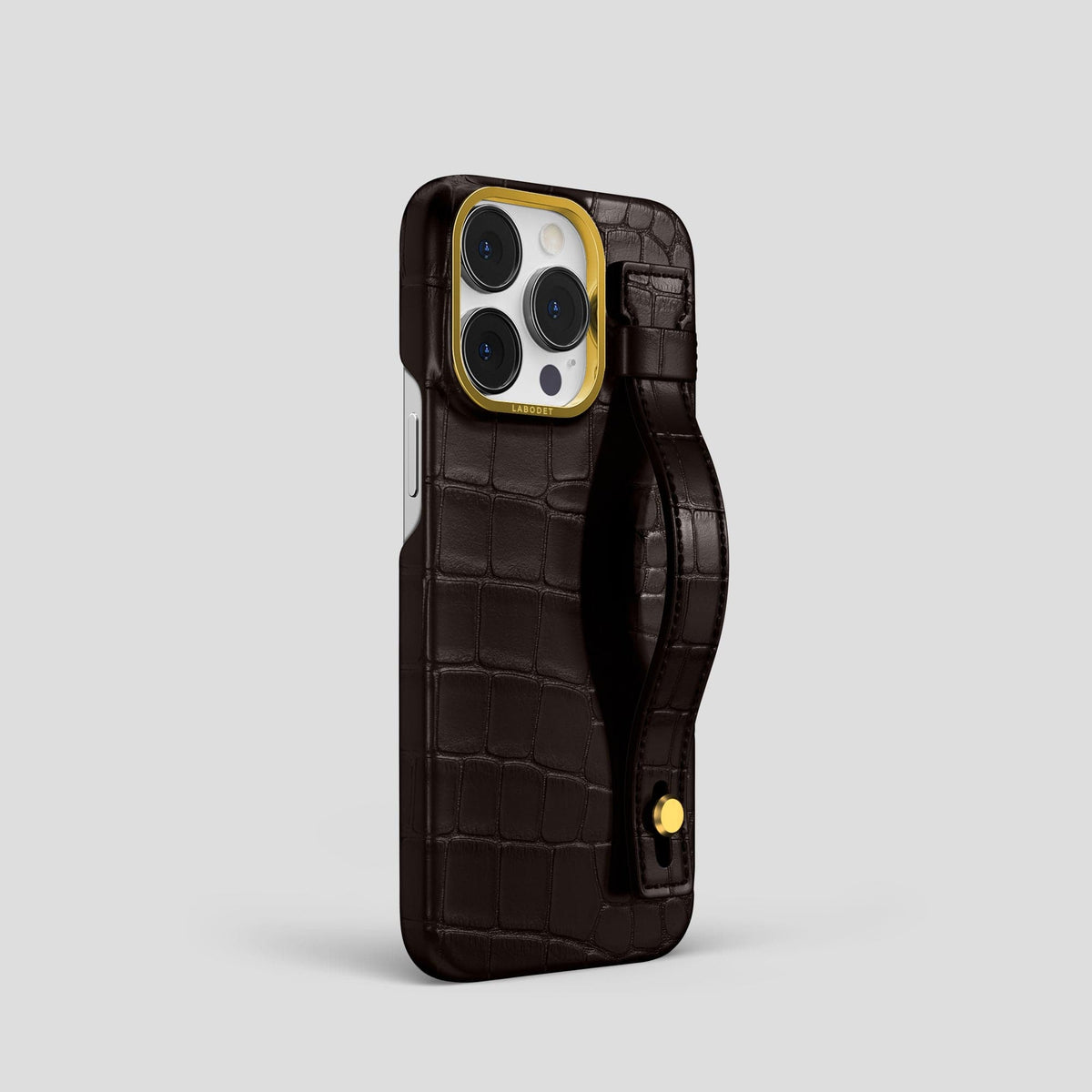 Dark Brown iPhone 14 Pro Hand Strap Case Alligator with Gold Metal -2 | Dark-Brown-Gold