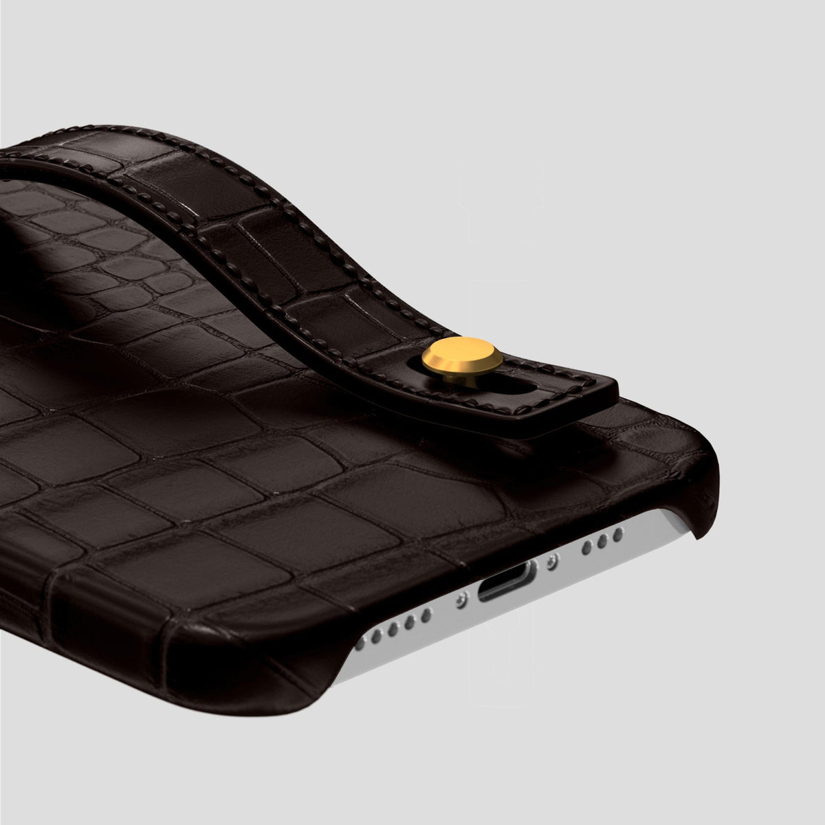 Dark Brown iPhone 14 Pro Hand Strap Case Alligator with Gold Metal -5 | Dark-Brown-Gold