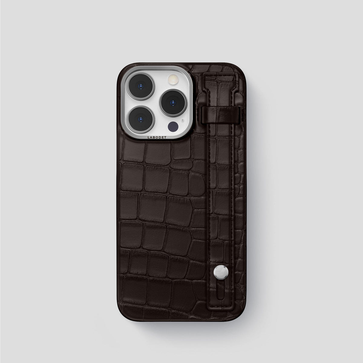 Dark Brown iPhone 14 Pro Hand Strap Case Alligator with Steel Metal -1 | Dark-Brown-Steel