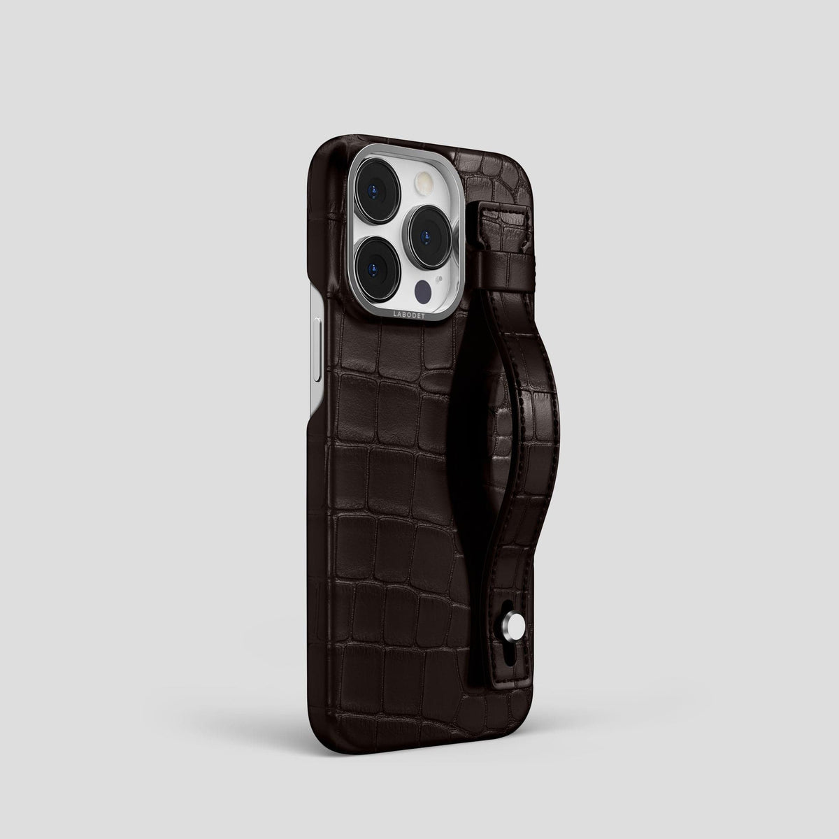 Dark Brown iPhone 14 Pro Hand Strap Case Alligator with Steel Metal -2 | Dark-Brown-Steel