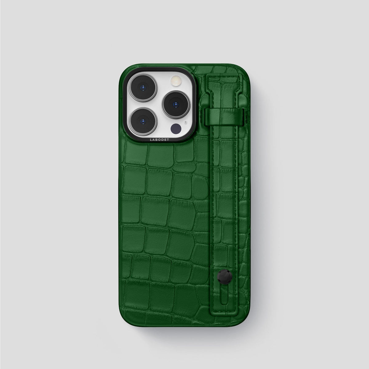 Forest-Green iPhone 14 Pro Hand Strap Case Alligator with Black Metal -1 | Forest-Green-Black