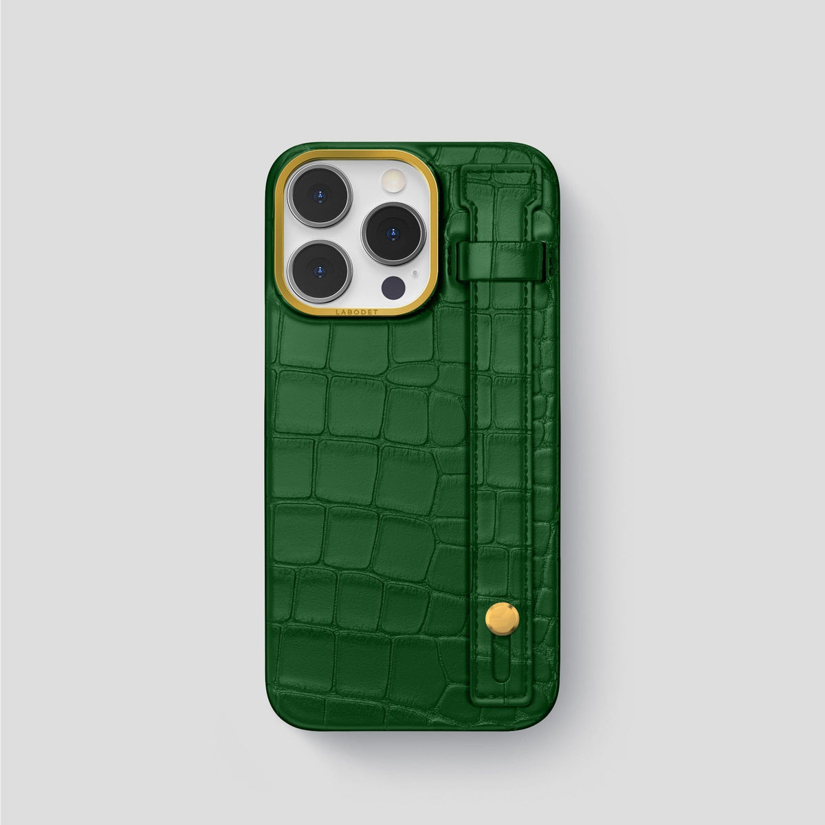 Forest-Green iPhone 14 Pro Hand Strap Case Alligator with Gold Metal -1 | Forest-Green-Gold
