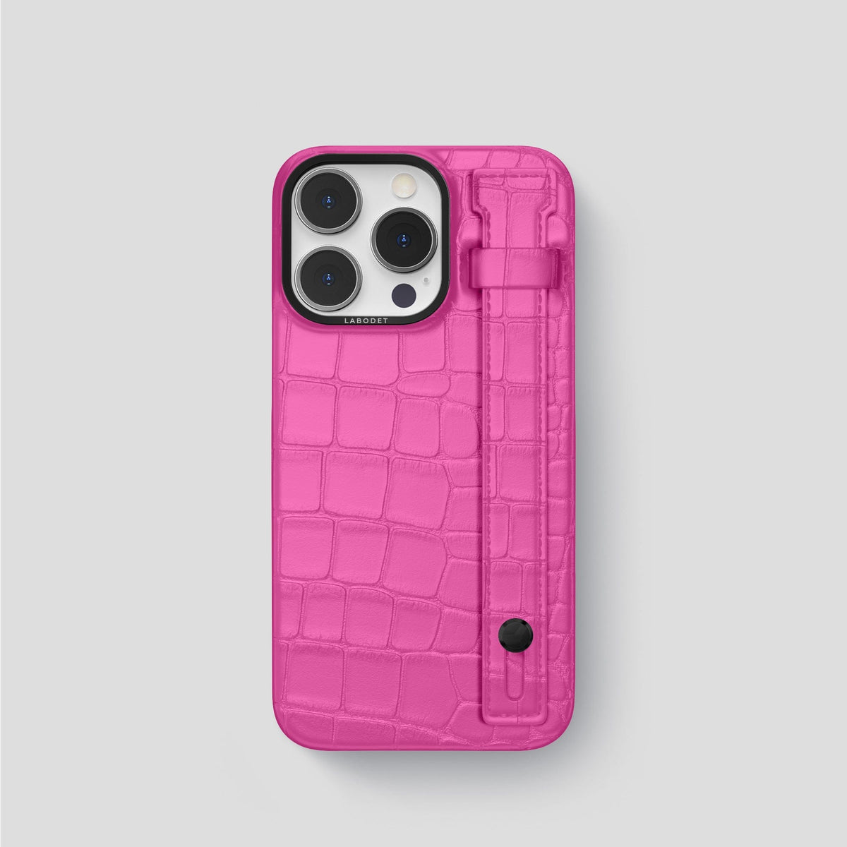 Fuchsia iPhone 14 Pro Hand Strap Case Alligator with Black Metal -1 | Fuchsia-Black