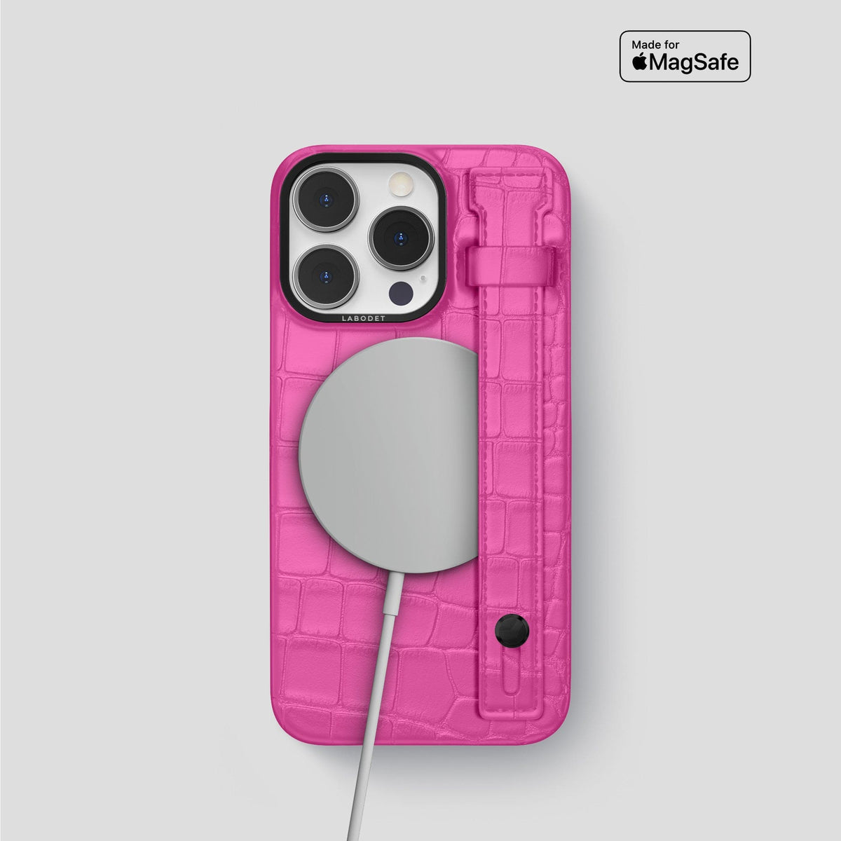 Fuchsia iPhone 14 Pro Hand Strap Case Alligator with Black Metal -4 | Fuchsia-Black