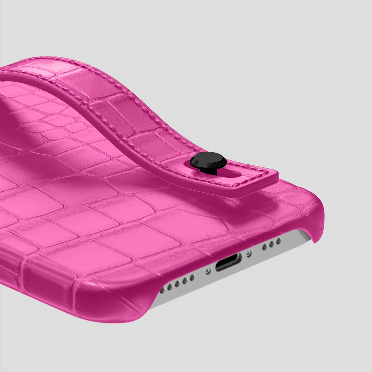 Fuchsia iPhone 14 Pro Hand Strap Case Alligator with Black Metal -5 | Fuchsia-Black
