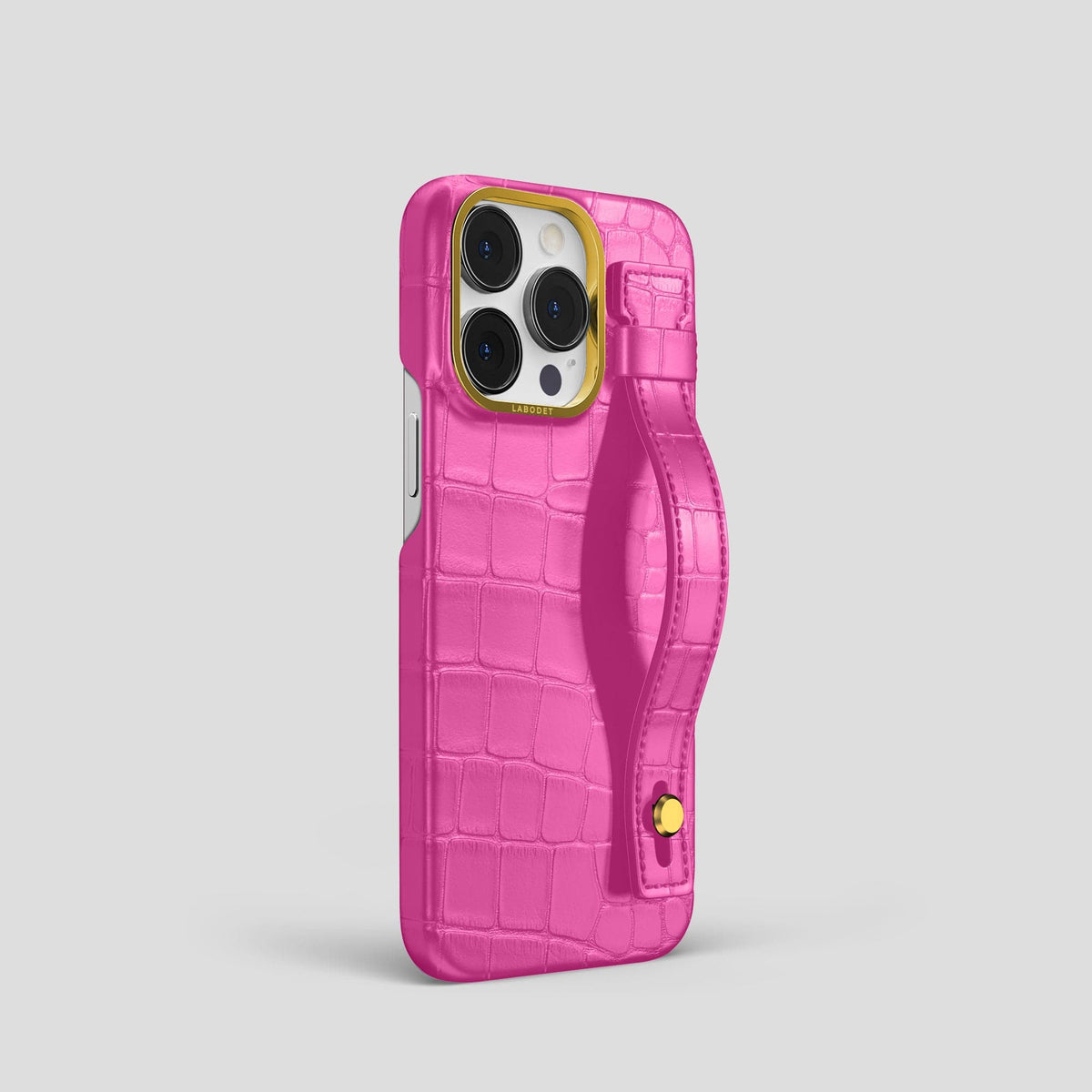 Fuchsia iPhone 14 Pro Hand Strap Case Alligator with Gold Metal -2 | Fuchsia-Gold