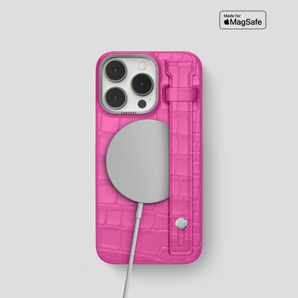 Fuchsia iPhone 14 Pro Hand Strap Case Alligator with Steel Metal -4 | Fuchsia-Steel