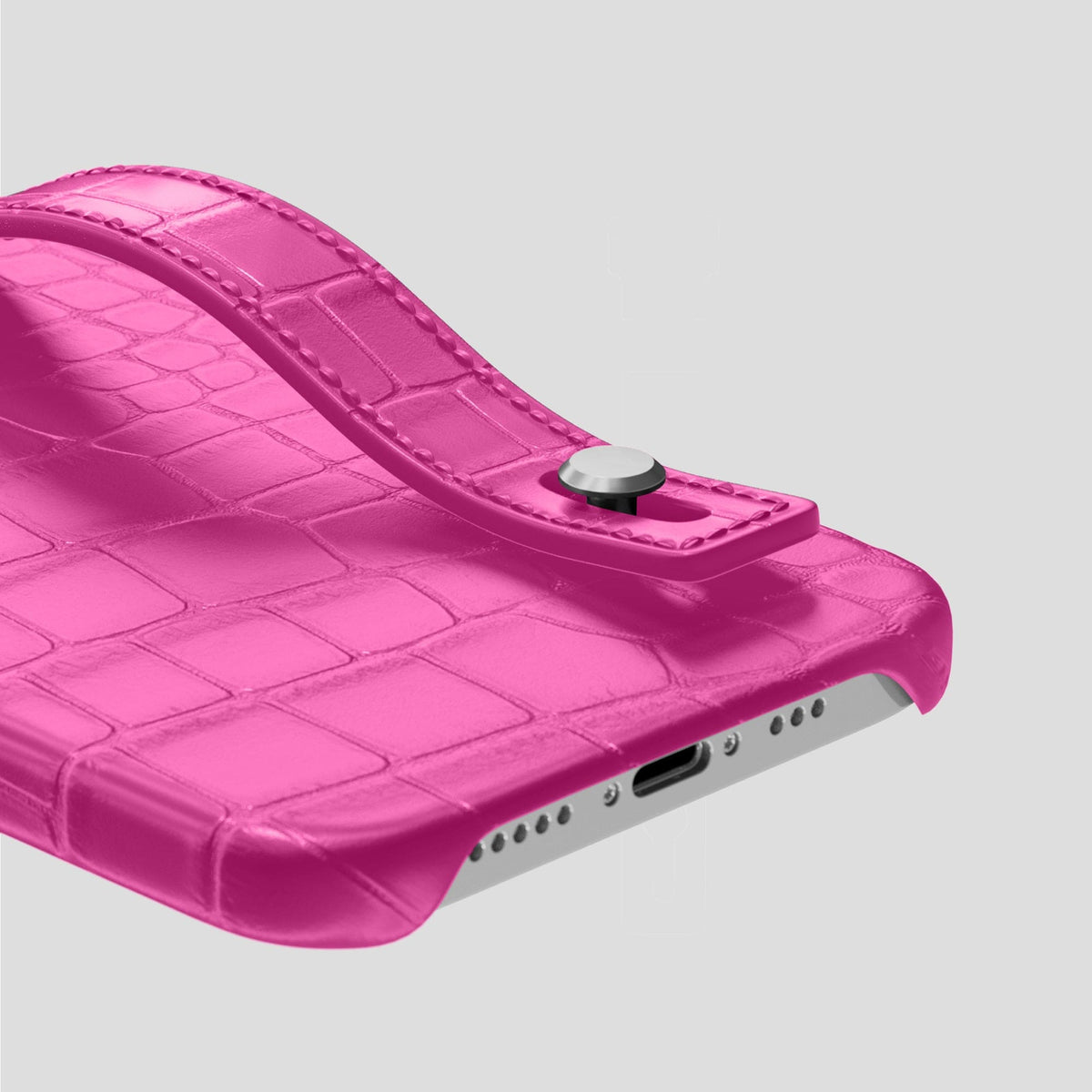 Fuchsia iPhone 14 Pro Hand Strap Case Alligator with Steel Metal -5 | Fuchsia-Steel