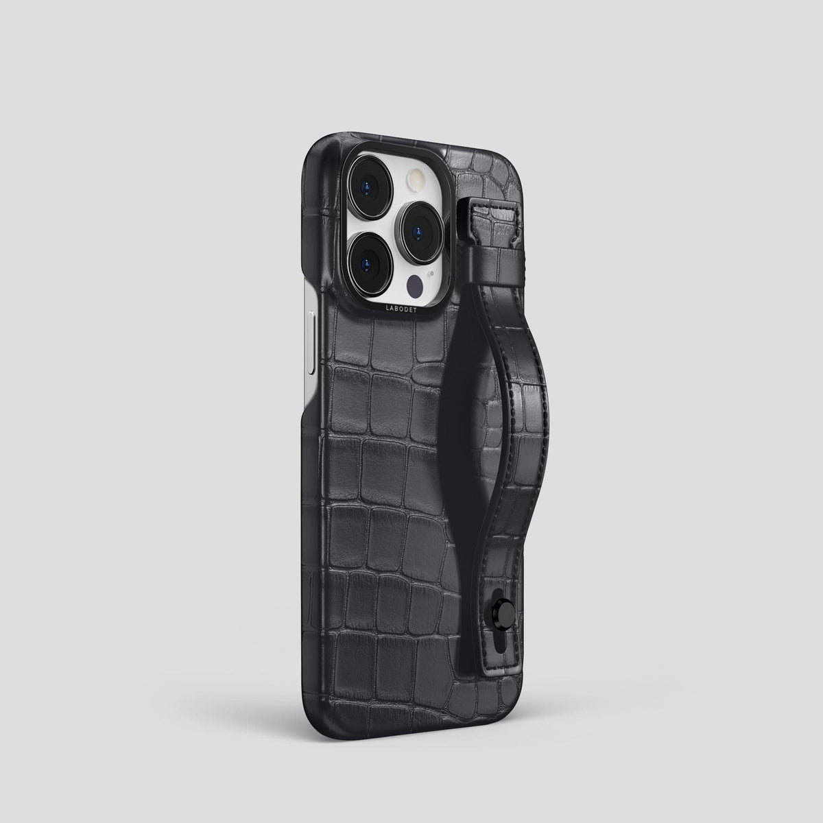 Grey iPhone 14 Pro Hand Strap Case Alligator with Black Metal -2 | Grey-Black