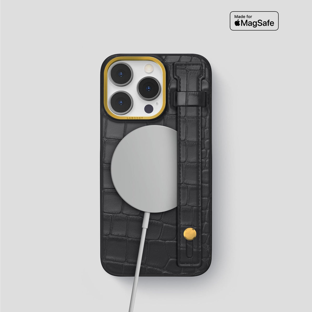 Grey iPhone 14 Pro Hand Strap Case Alligator with Gold Metal -4 | Grey-Gold