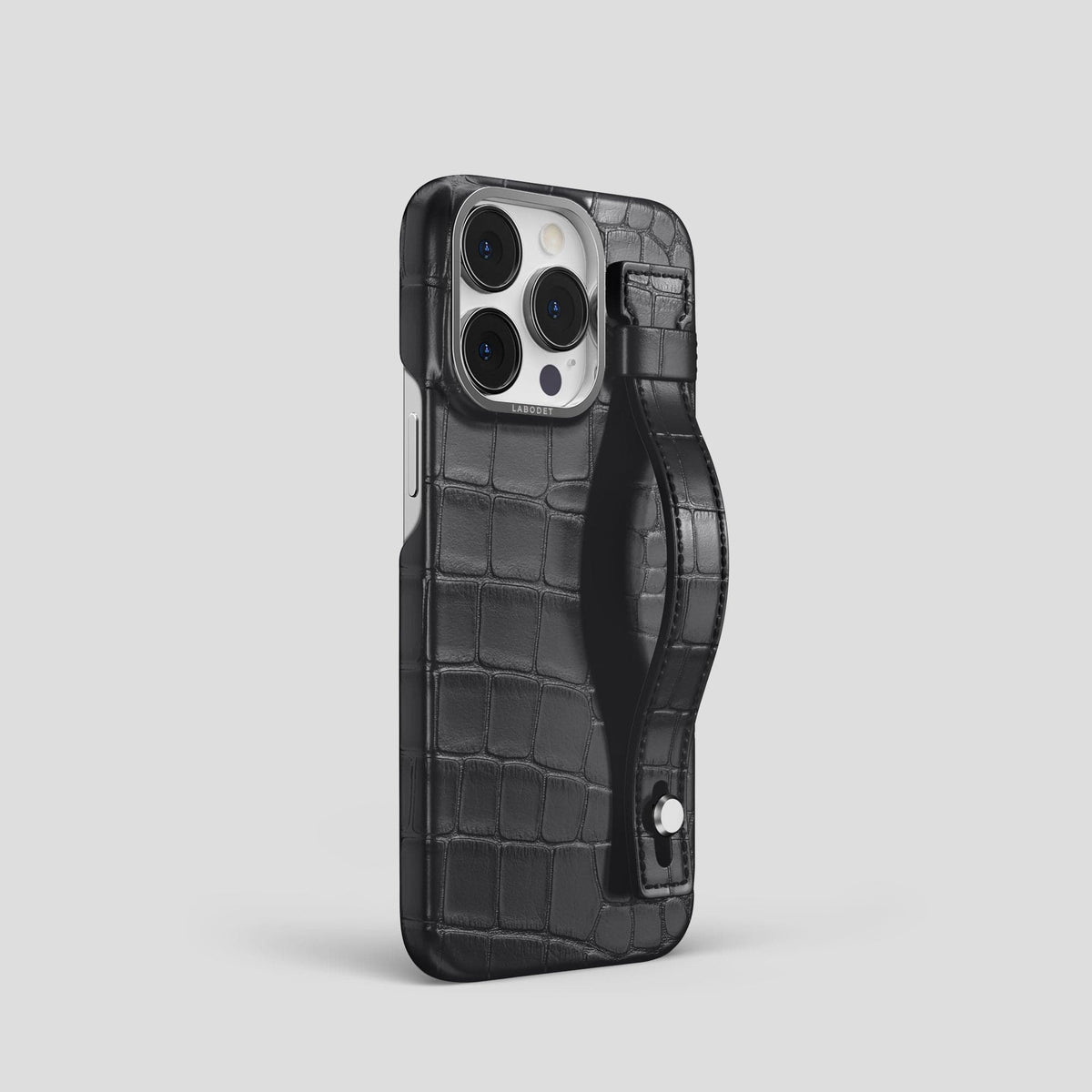 Grey iPhone 14 Pro Hand Strap Case Alligator with Steel Metal -2 | Grey-Steel