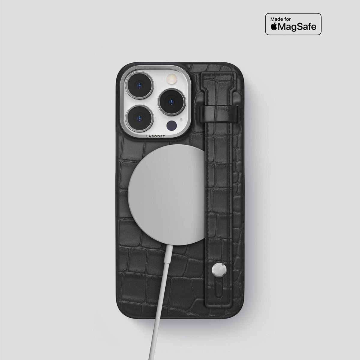Grey iPhone 14 Pro Hand Strap Case Alligator with Steel Metal -4 | Grey-Steel