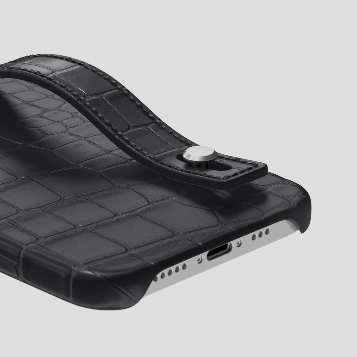 Grey iPhone 14 Pro Hand Strap Case Alligator with Steel Metal -5 | Grey-Steel