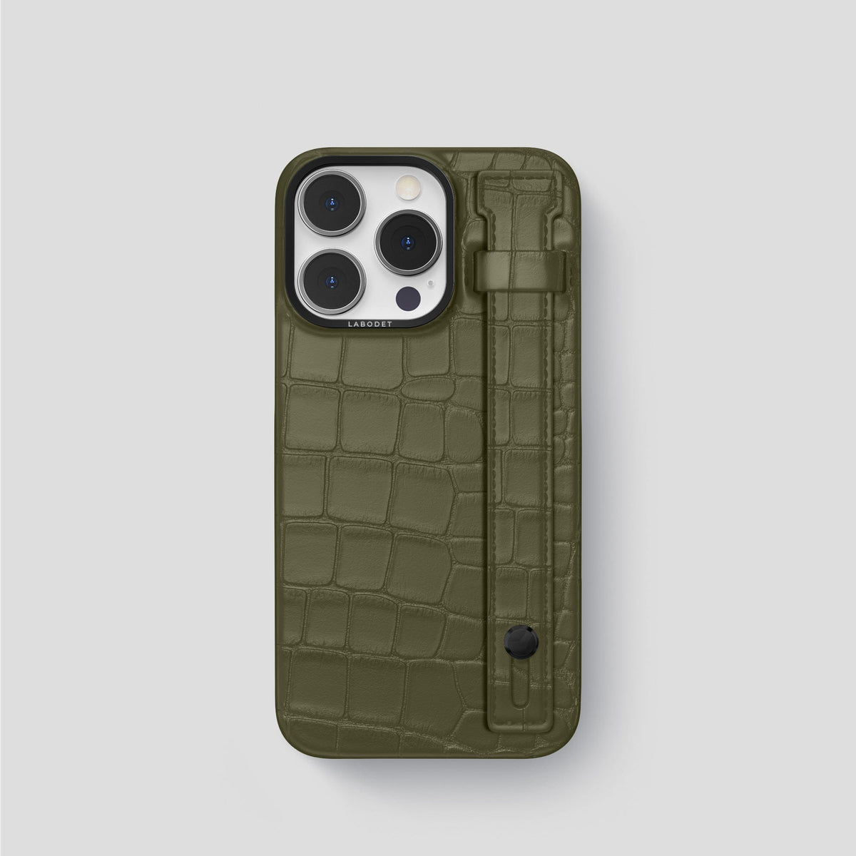 Kaki-Green iPhone 14 Pro Hand Strap Case Alligator with Black Metal -1 | Kaki-Green-Black