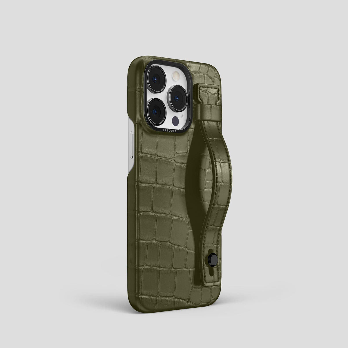 Kaki-Green iPhone 14 Pro Hand Strap Case Alligator with Black Metal -2 | Kaki-Green-Black