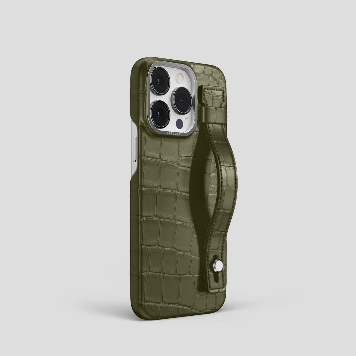 Kaki-Green iPhone 14 Pro Hand Strap Case Alligator with Steel Metal -2 | Kaki-Green-Steel
