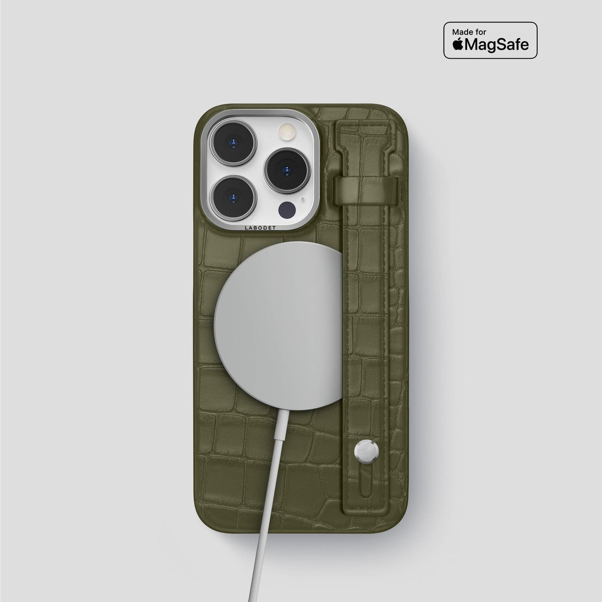 Kaki-Green iPhone 14 Pro Hand Strap Case Alligator with Steel Metal -4 | Kaki-Green-Steel