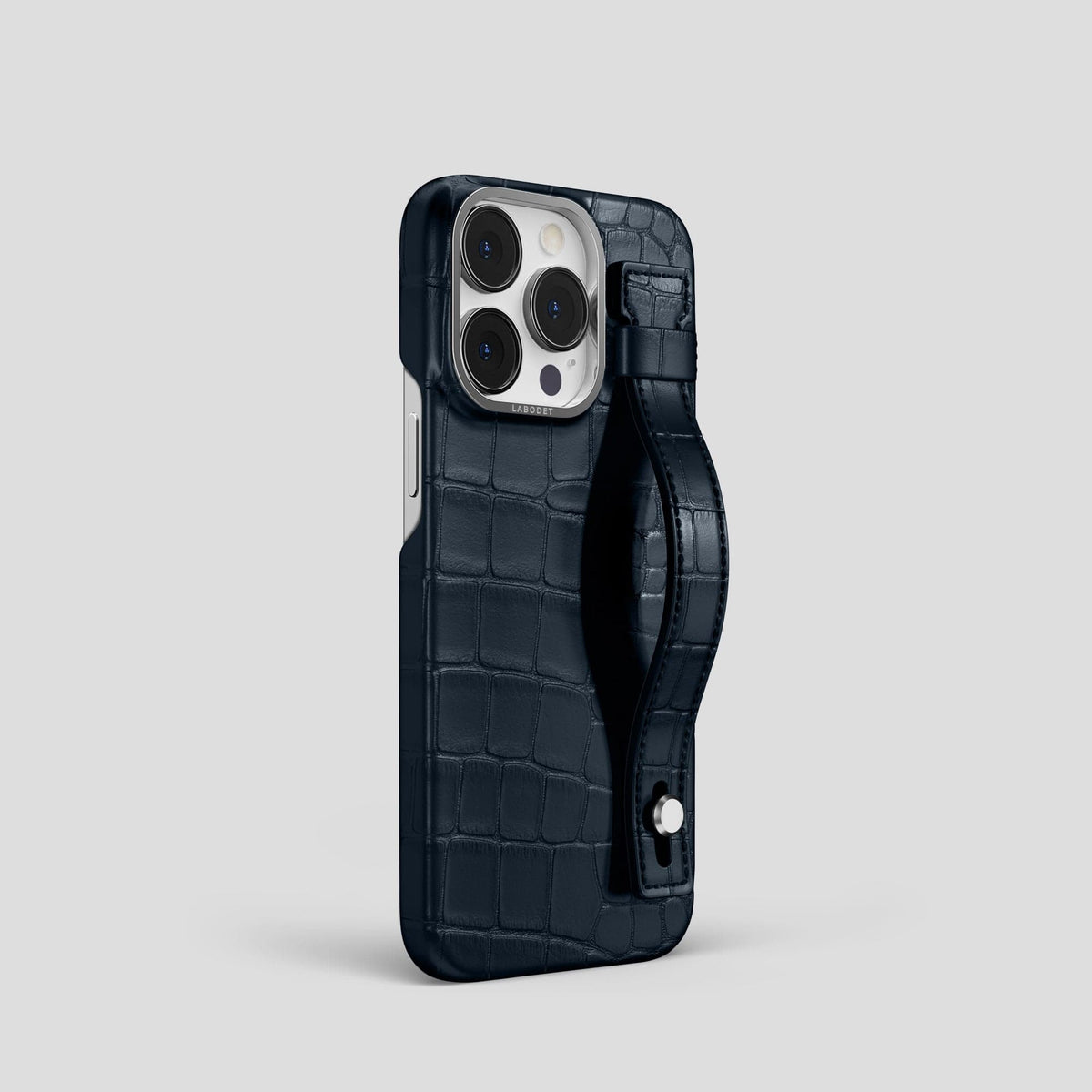 Navy Blue iPhone 14 Pro Hand Strap Case Alligator with Steel Metal -2 | Navy-Blue-Steel