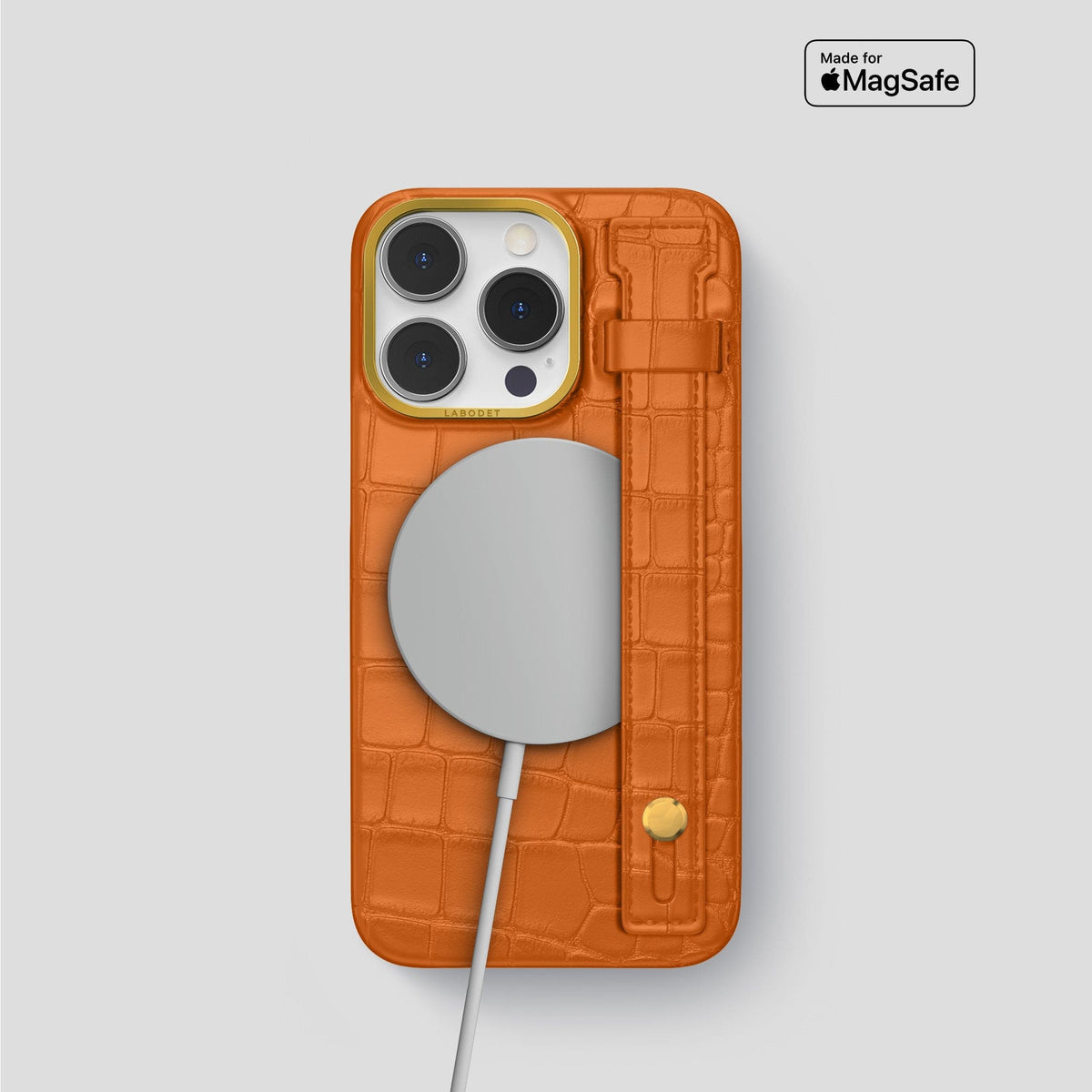 Orange iPhone 14 Pro Hand Strap Case Alligator with Gold Metal -4 | Orange-Gold