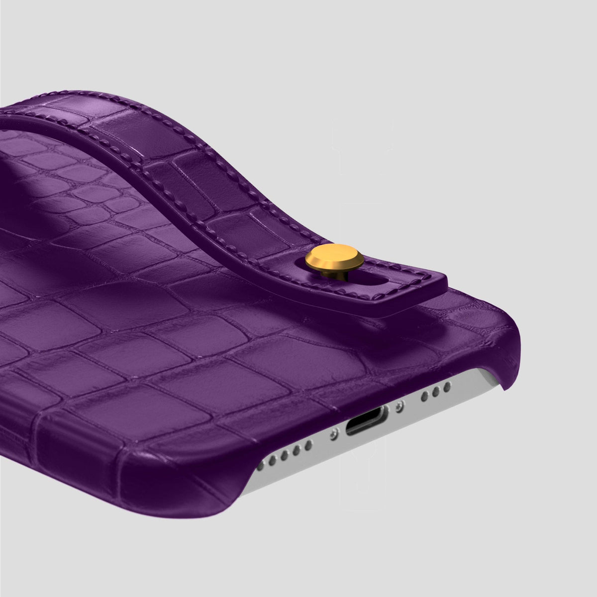 Purple iPhone 14 Pro Hand Strap Case Alligator with Gold Metal -5 | Purple-Gold