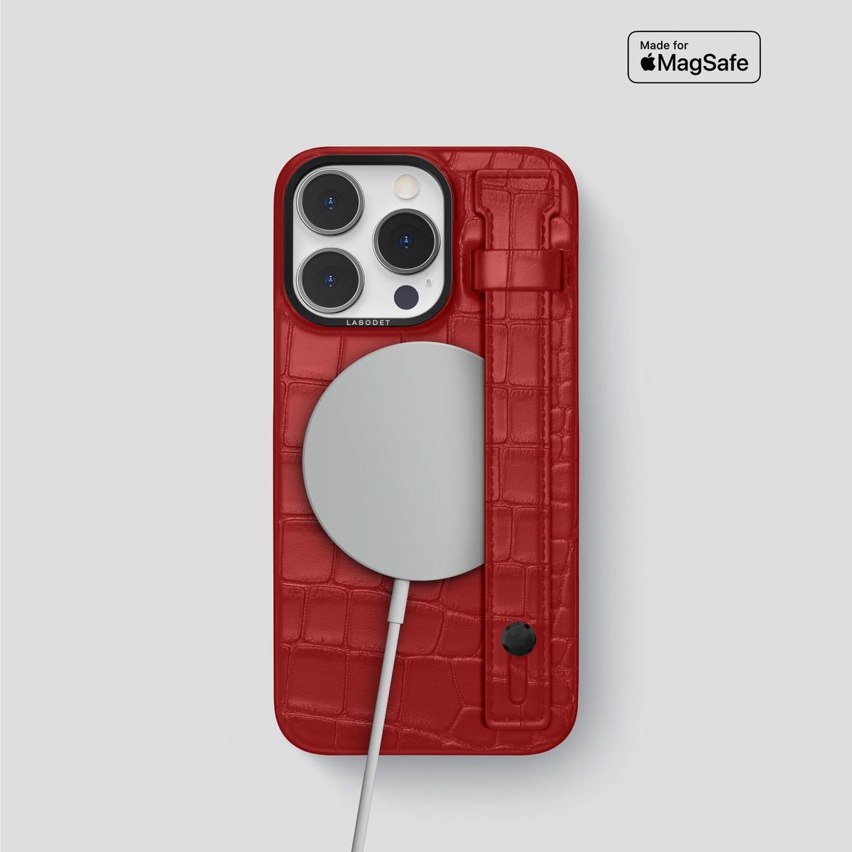 Red iPhone 14 Pro Hand Strap Case Alligator with Black Metal -4 | Red-Black