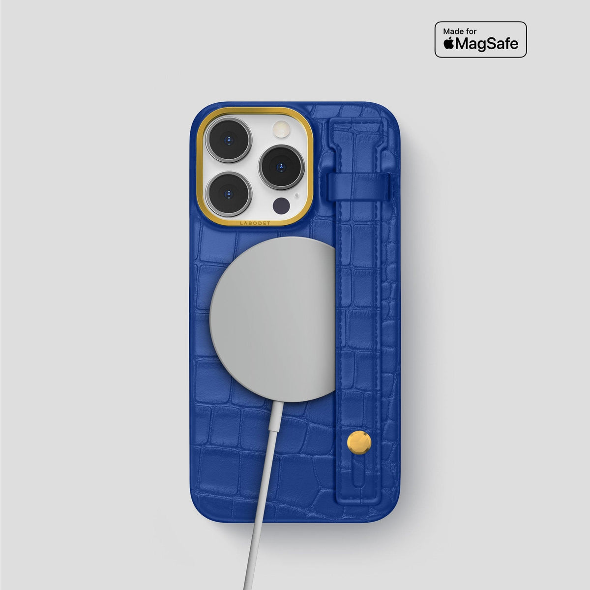 Royal Blue iPhone 14 Pro Hand Strap Case Alligator with Gold Metal -4 | Royal-Blue-Gold