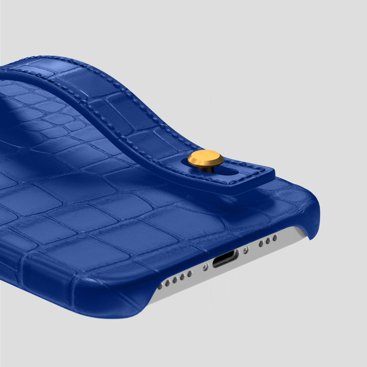Royal Blue iPhone 14 Pro Hand Strap Case Alligator with Gold Metal -5 | Royal-Blue-Gold