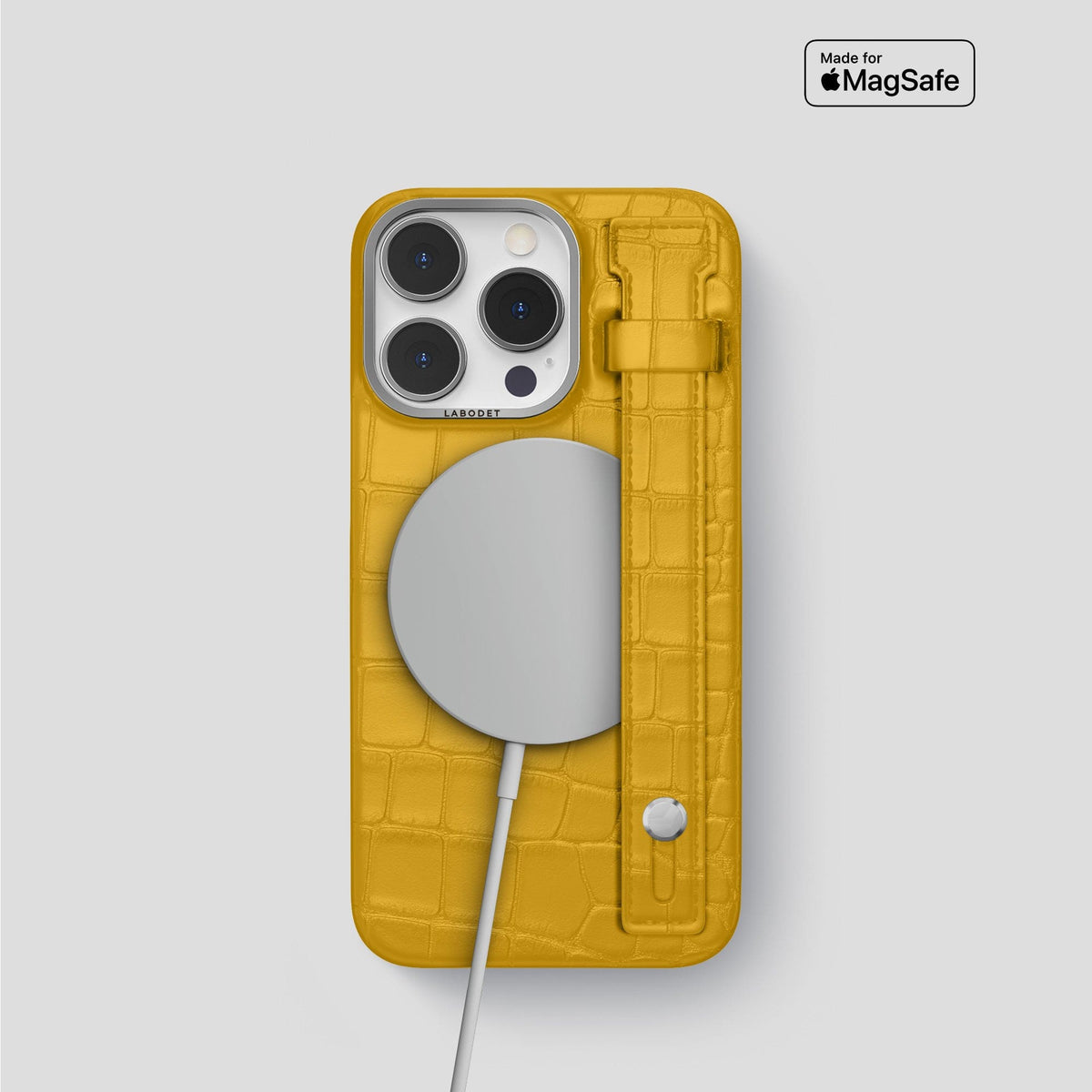 Yellow iPhone 14 Pro Hand Strap Case Alligator with Steel Metal -4 | Yellow-Steel