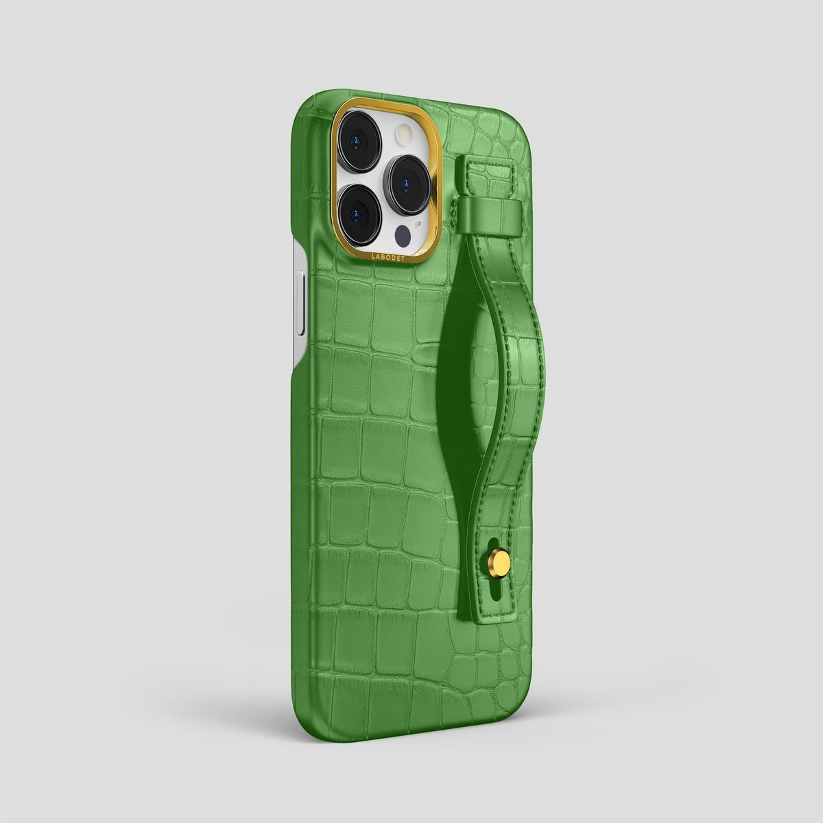 Apple-Green iPhone 14 Pro Max Hand Strap Case Alligator with Gold Metal -2 | Apple-Green-Gold