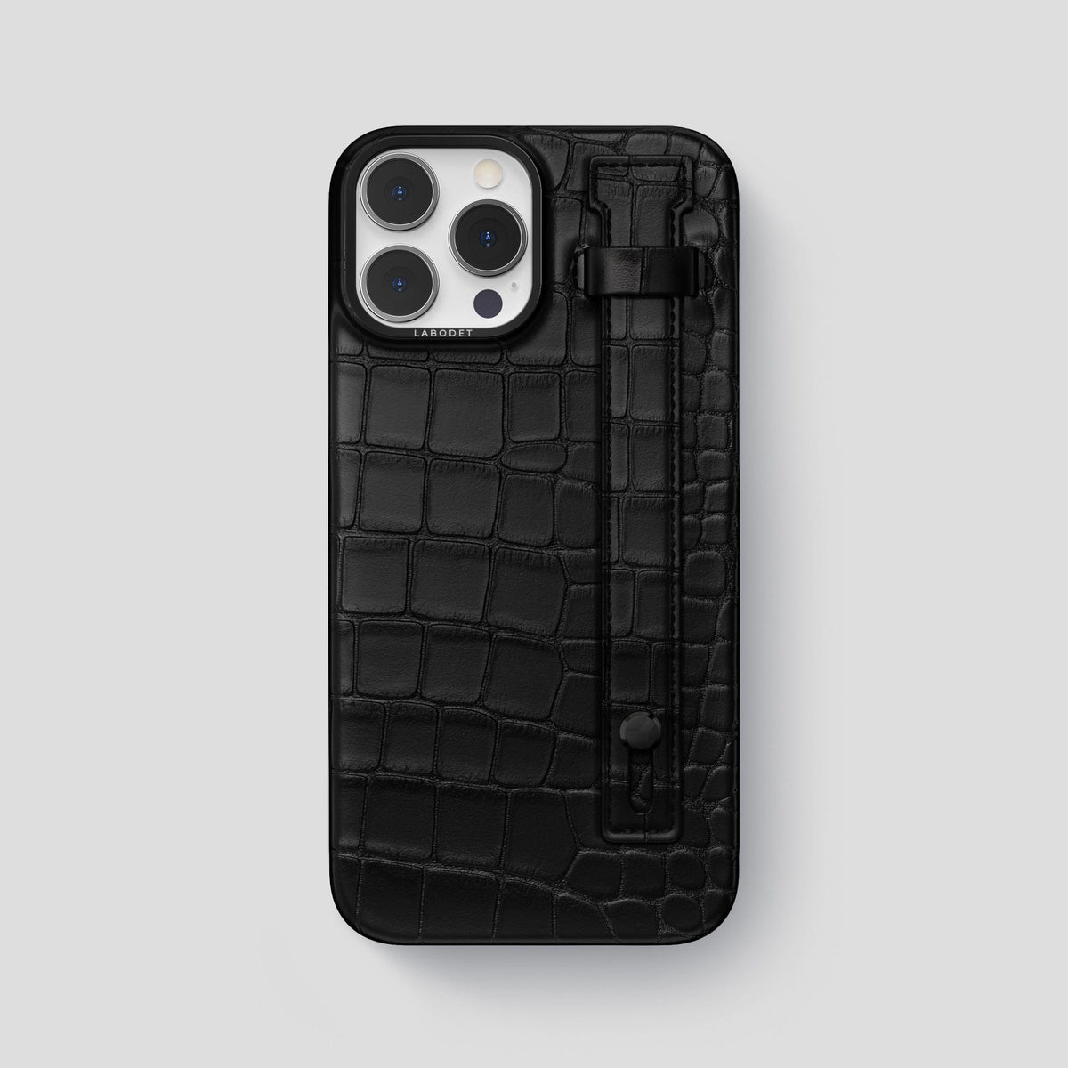 Black iPhone 14 Pro Max Hand Strap Case Alligator with Black Metal -1 | Black-Black