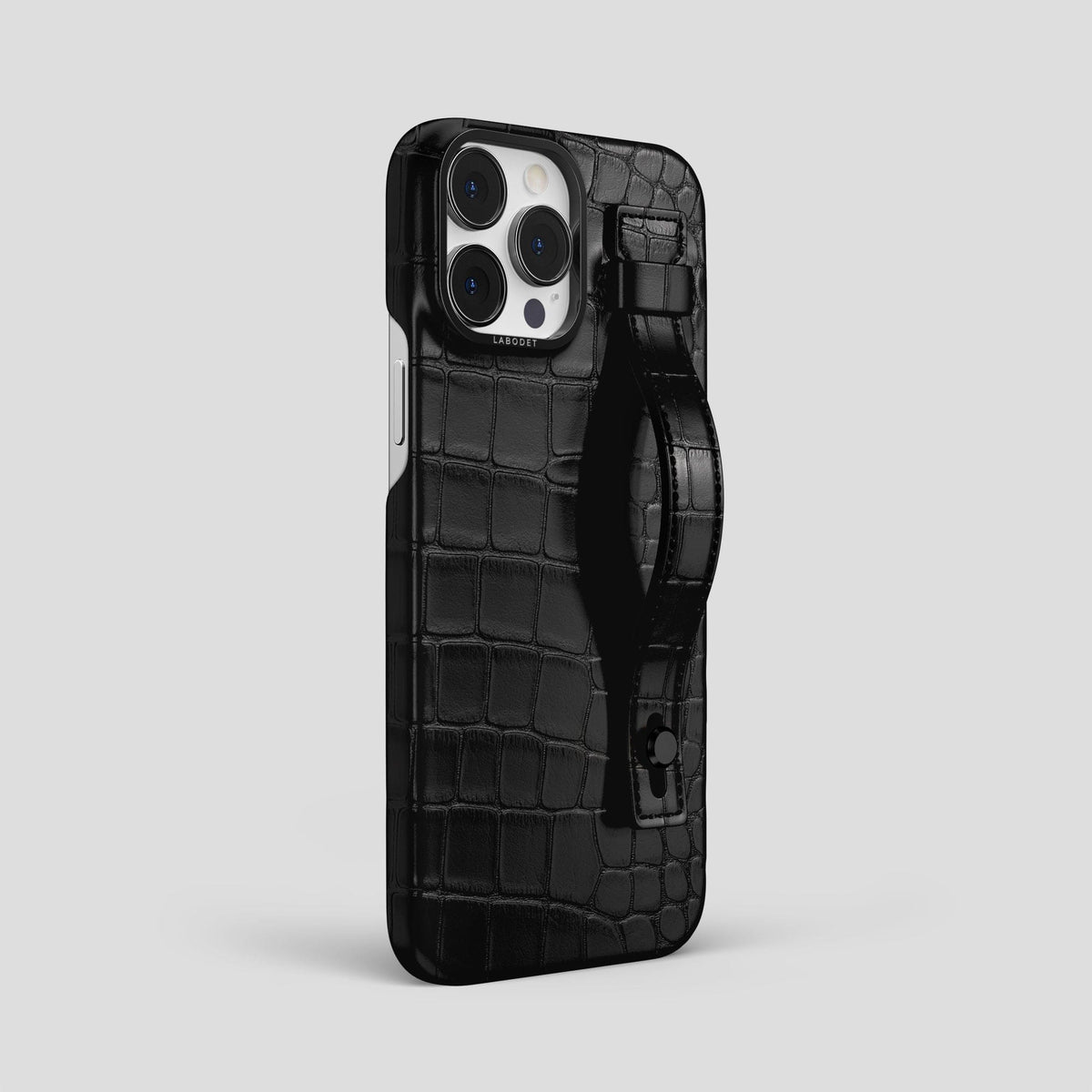 Black iPhone 14 Pro Max Hand Strap Case Alligator with Black Metal -2 | Black-Black
