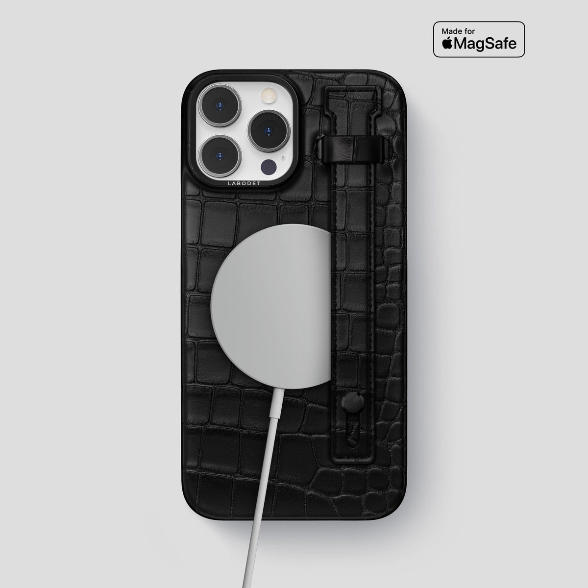 Black iPhone 14 Pro Max Hand Strap Case Alligator with Black Metal -4 | Black-Black