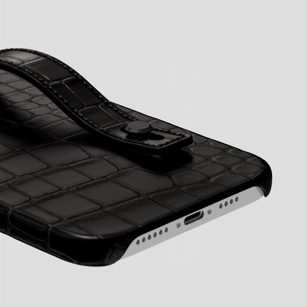 Black iPhone 14 Pro Max Hand Strap Case Alligator with Black Metal -5 | Black-Black