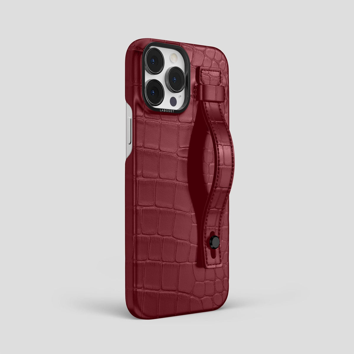 Burgundy iPhone 14 Pro Max Hand Strap Case Alligator with Black Metal -2 | Burgundy-Black
