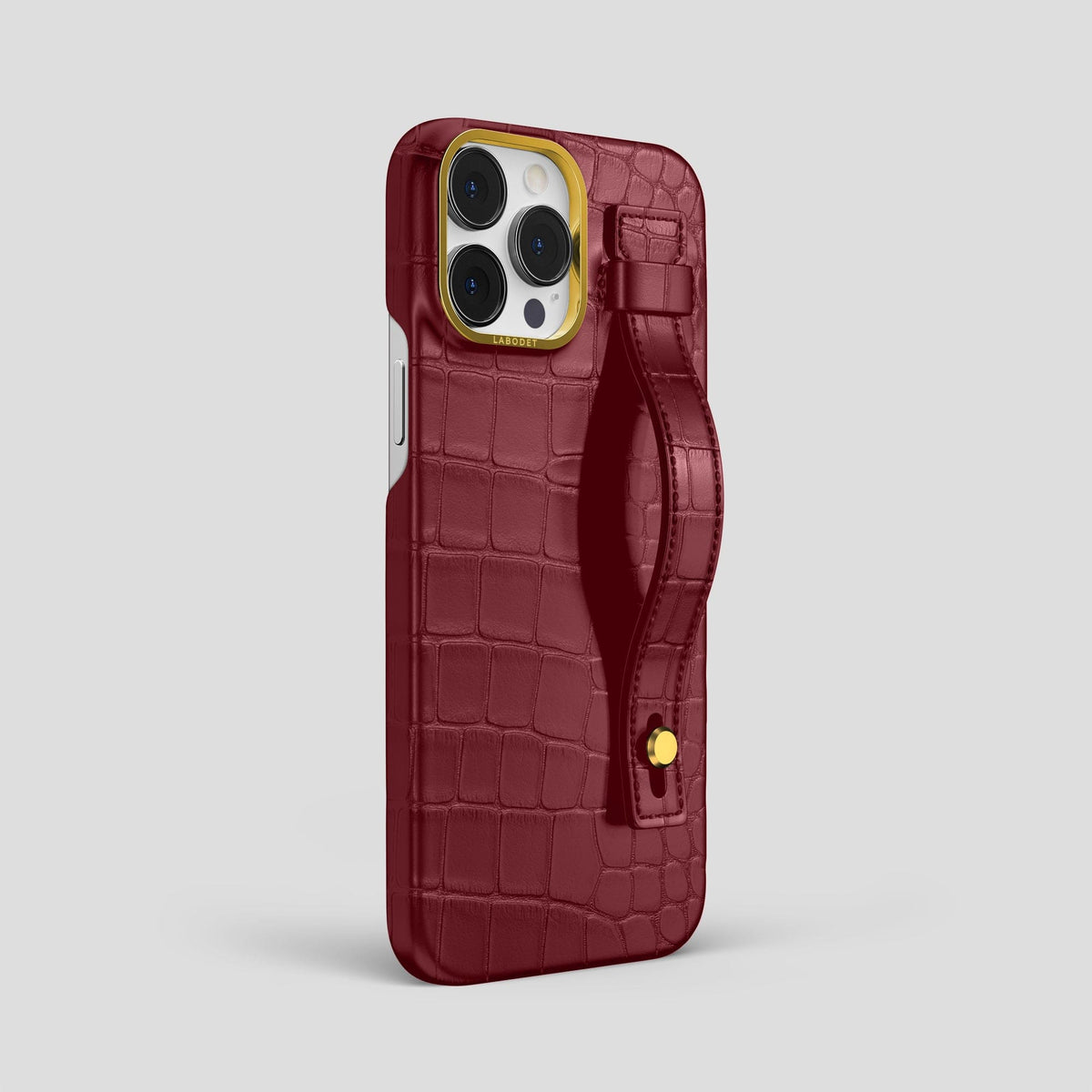 Burgundy iPhone 14 Pro Max Hand Strap Case Alligator with Gold Metal -2 | Burgundy-Gold
