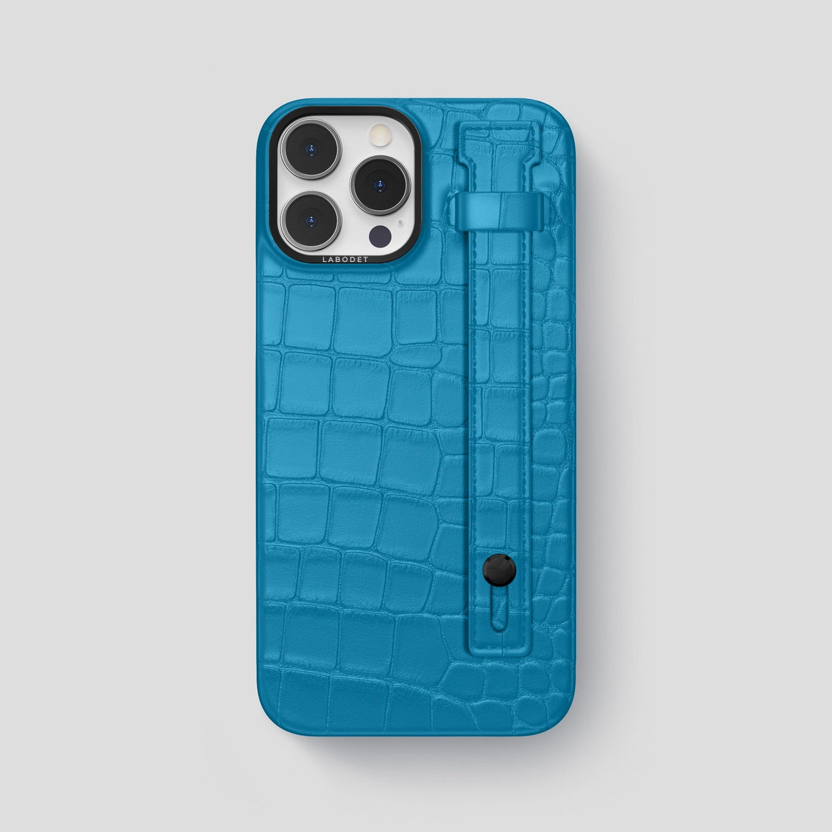 Curaçao-Blue iPhone 14 Pro Max Hand Strap Case Alligator with Black Metal -1 | Curaçao-Blue-Black