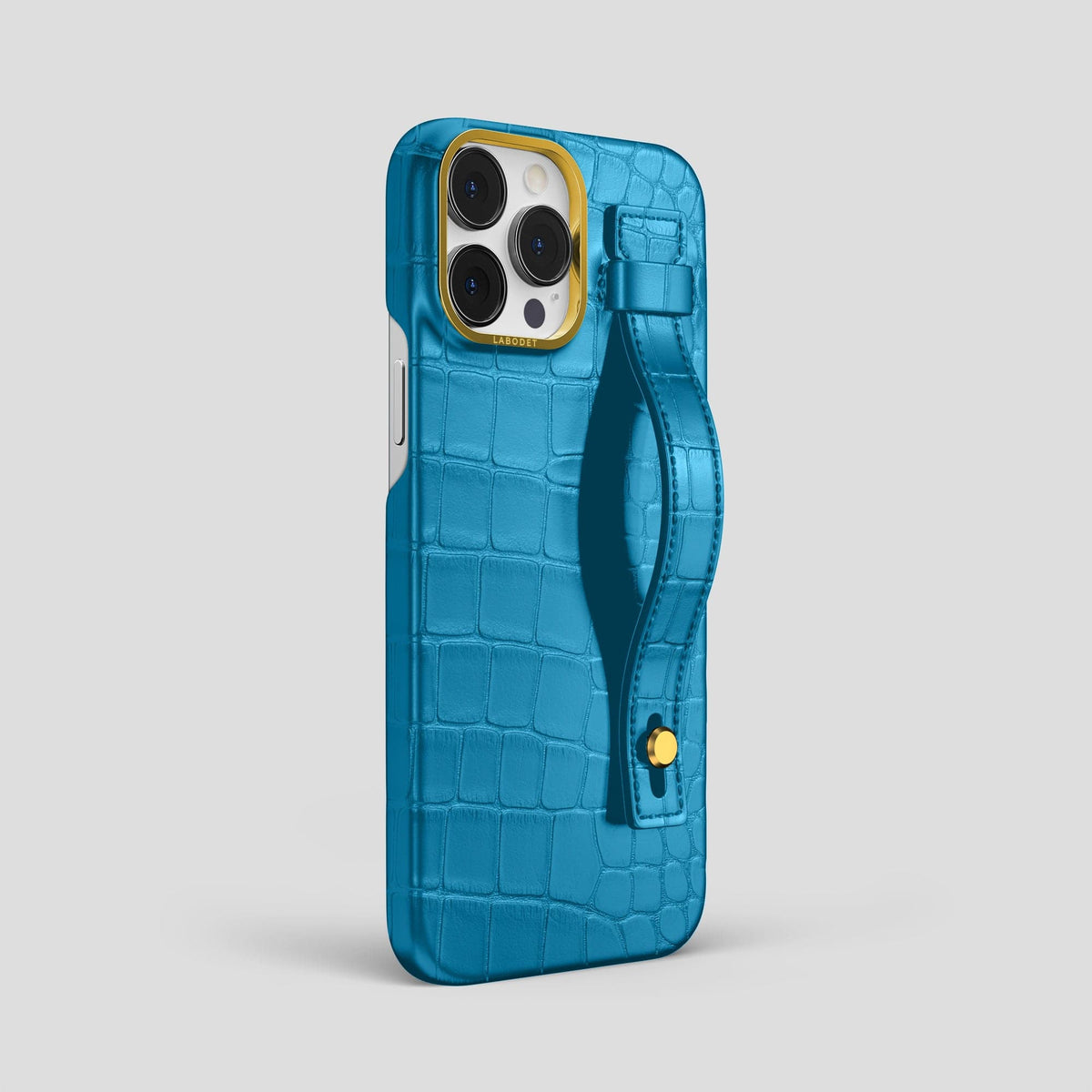 Curaçao-Blue iPhone 14 Pro Max Hand Strap Case Alligator with Gold Metal -2 | Curaçao-Blue-Gold