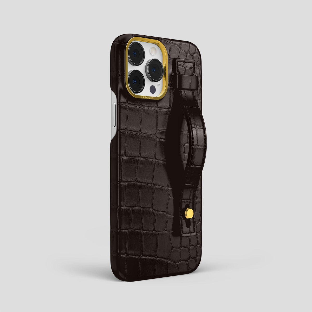 Dark Brown iPhone 14 Pro Max Hand Strap Case Alligator with Gold Metal -2 | Dark-Brown-Gold