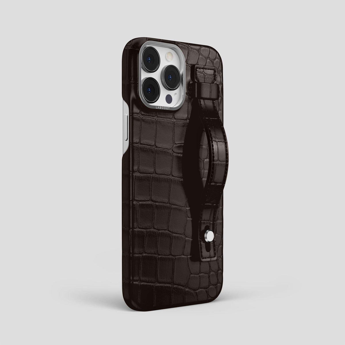 Dark Brown iPhone 14 Pro Max Hand Strap Case Alligator with Steel Metal -2 | Dark-Brown-Steel