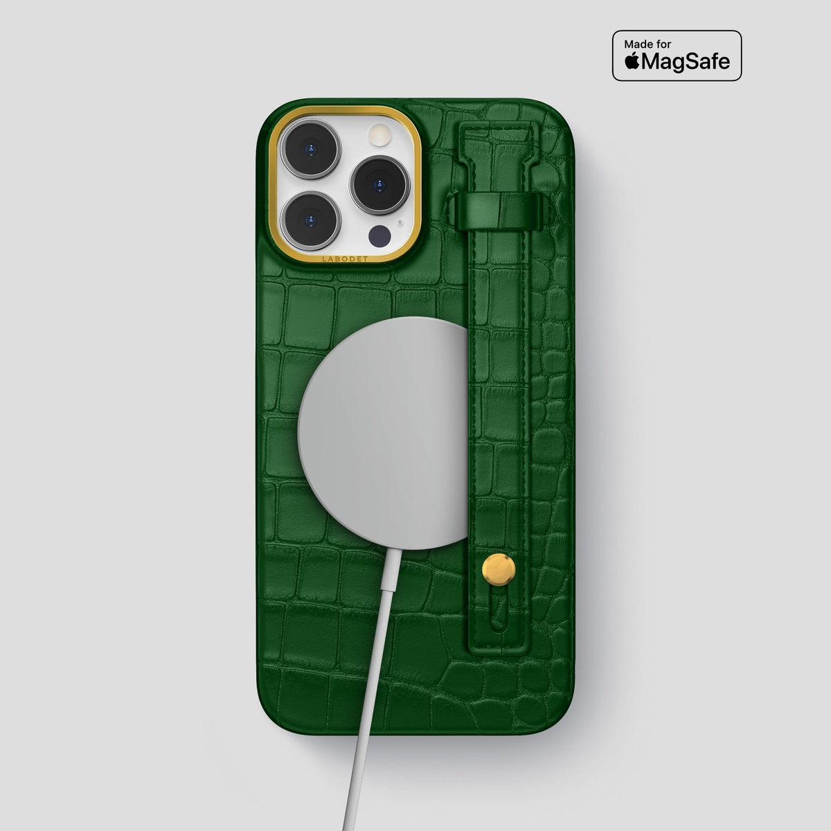 Forest-Green iPhone 14 Pro Max Hand Strap Case Alligator with Gold Metal -4 | Forest-Green-Gold
