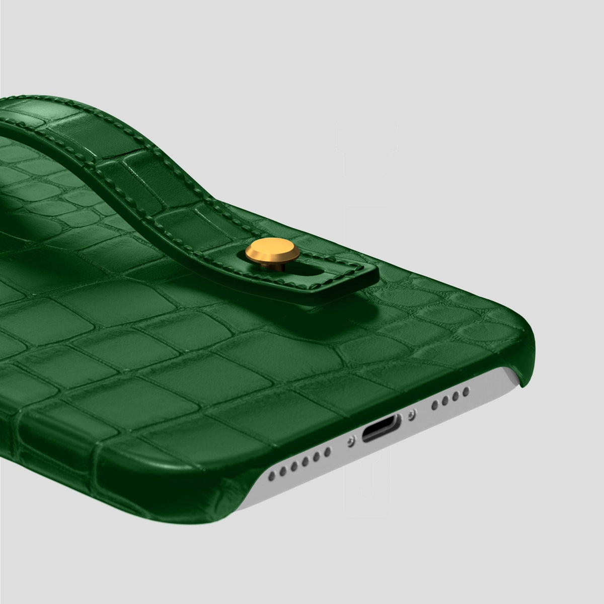 Forest-Green iPhone 14 Pro Max Hand Strap Case Alligator with Gold Metal -5 | Forest-Green-Gold
