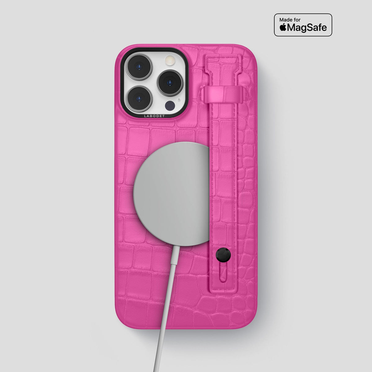 Fuchsia iPhone 14 Pro Max Hand Strap Case Alligator with Black Metal -4 | Fuchsia-Black