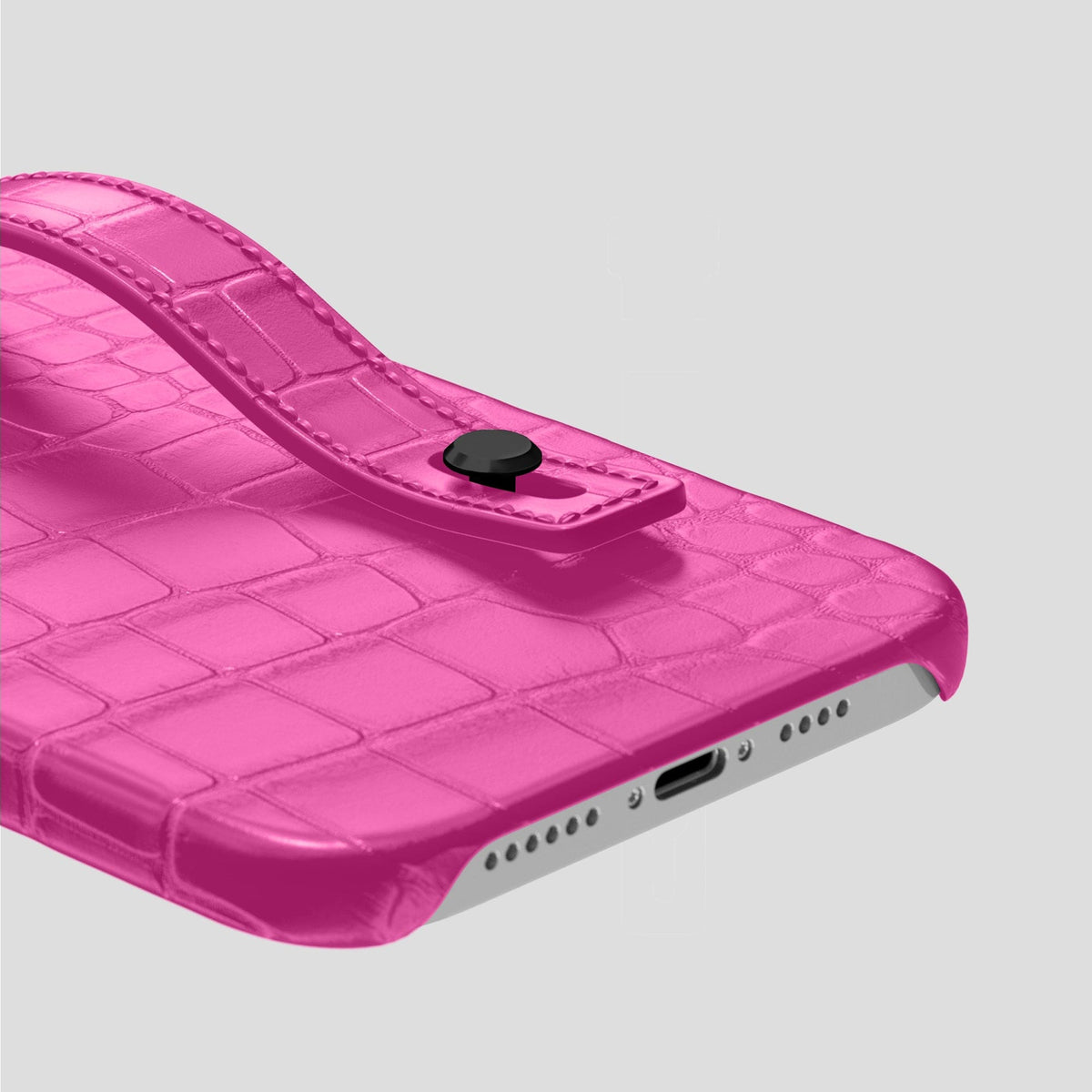 Fuchsia iPhone 14 Pro Max Hand Strap Case Alligator with Black Metal -5 | Fuchsia-Black