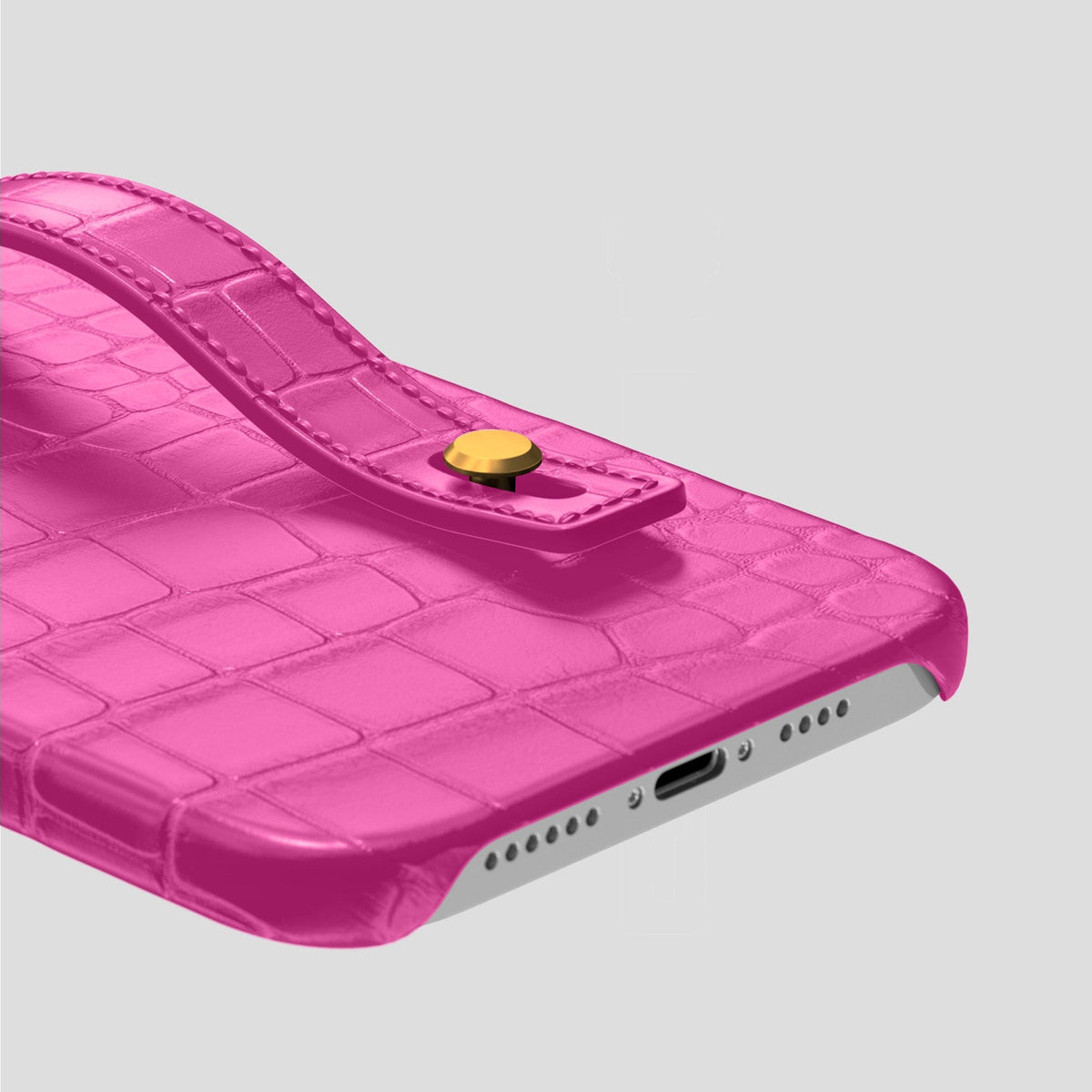 Fuchsia iPhone 14 Pro Max Hand Strap Case Alligator with Gold Metal -5 | Fuchsia-Gold