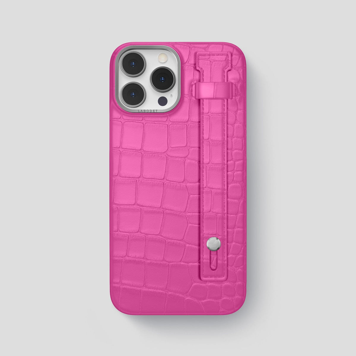 Fuchsia iPhone 14 Pro Max Hand Strap Case Alligator with Steel Metal -1 | Fuchsia-Steel