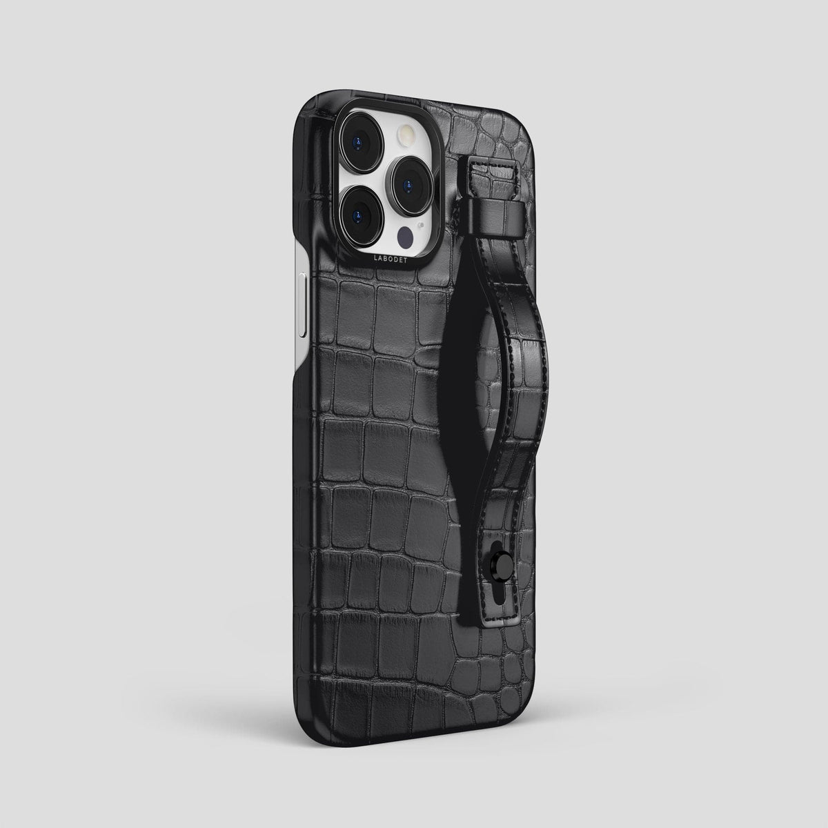 Grey iPhone 14 Pro Max Hand Strap Case Alligator with Black Metal -2 | Grey-Black