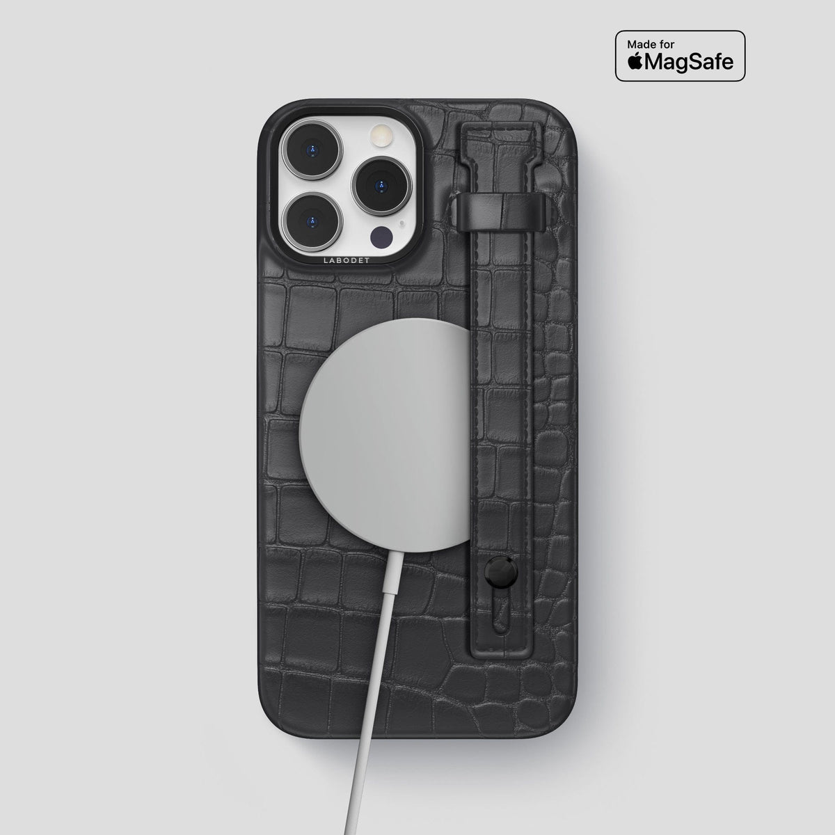 Grey iPhone 14 Pro Max Hand Strap Case Alligator with Black Metal -4 | Grey-Black