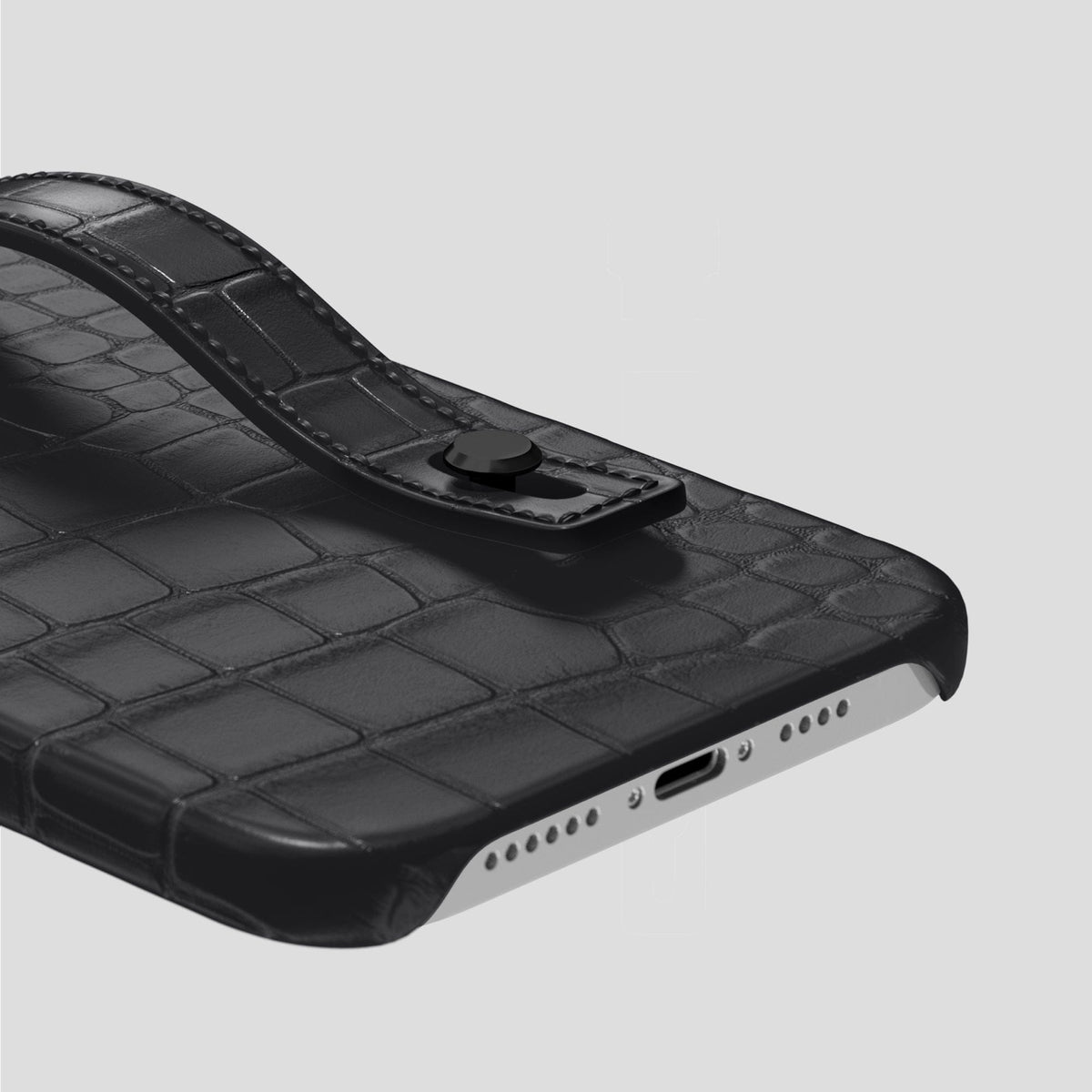 Grey iPhone 14 Pro Max Hand Strap Case Alligator with Black Metal -5 | Grey-Black